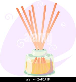 Wooden aroma sticks in glass jar. Liquid perfume oil. Essential air fragrance sticks aromatherapy. Alternative medicine. Spa and beauty Cartoon Flat vector illustration isolated on white background. Stock Vector