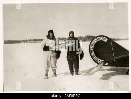Ice fishing in Canada - fisherman lands by plane on Red Lake Ontario.  1920s. Jack V. Elliot Air Service. Jack Elliot, was a pilot in the western  Ontario area providing passenger service and flights for thrill seekers in  the early 1920's. By 1925, he had his own