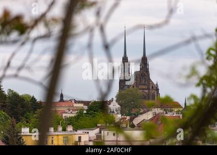 The Cathedral of Brno. View from the hill to the city center. Roofs of houses and the temple on the hill. Stock Photo