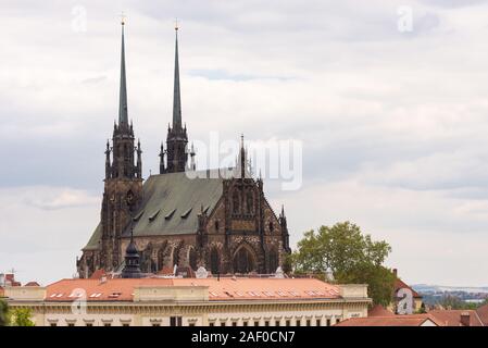 The Cathedral of Brno. View from the hill to the city center. Roofs of houses and the temple on the hill. Stock Photo