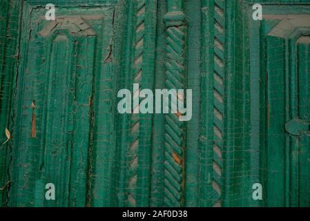 Light blue and green (aquamarine) dirty and grunge wooden panels texture. Closeup detailed texture. Texture, wallpaper, bright blue paint peeling from Stock Photo