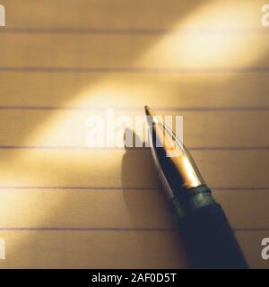 pen on notebook paper in a line, macro photo. Stock Photo