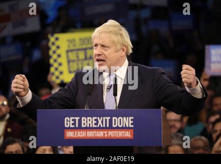 London, UK. 11th Dec, 2019. British Prime Minister Boris Johnson delivers his final rallying speech before voting starts tomorrow to determine who will be Britain's new Prime Minister on Wednesday, December 11, 2019. Mr Johnson is seeking a majority in the General Election on December 12th to enable the government to get Brexit passed. Photo by Hugo Philpott/UPI Credit: UPI/Alamy Live News Stock Photo