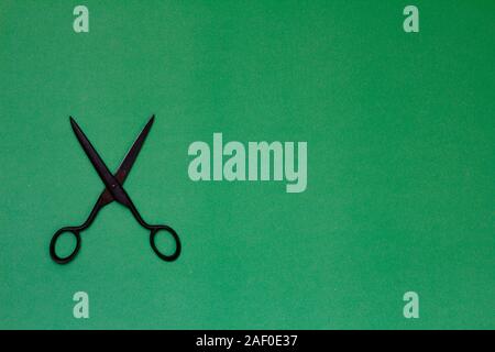 Single old soviet scissors isolated on green background Stock Photo