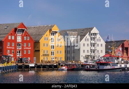 TROMSØ, NORWAY - Harbor and colorful old wooden buildings on waterfront. Stock Photo