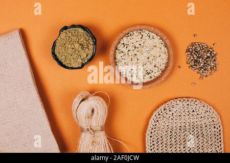 Different types of uses for hemp. Textile fiber industry. Zero waste living concept. Stock Photo