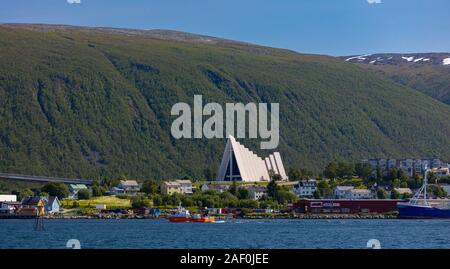 TROMSØ, NORWAY - Tromsdalen Church, or Arctic Cathedral, a modern concrete and metal church near the waterfront, architect Jan Inge Hovig. Stock Photo