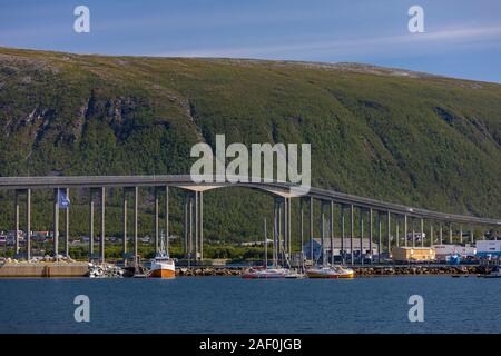 TROMSØ, NORWAY - Tromsø Bridge crosses over Tromsøysundet strait. Stock Photo