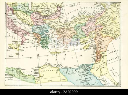 This map dates to 1897 and shows the western Provinces of the ancient Roman Empire. Among them are: Arabia Petraea, Mesopotamia, Armenia, Cappadocia, Bithynia and Pontus, Galatia, Mysia, Lydia, and Cilicia. Stock Photo