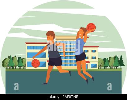 athletes practicing basketball sport on the city Stock Vector