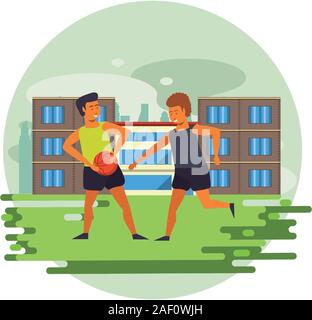 athletes practicing basketball sport on the city Stock Vector