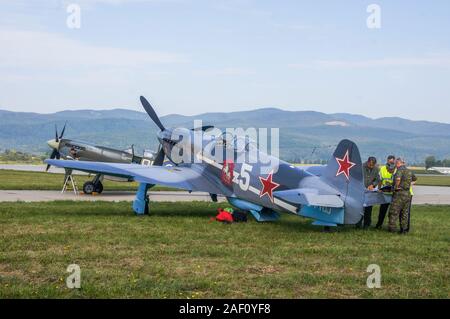 Meeting by the Soviet YAK-3U plane. SIAF Airhow, Sliac, Slovakia 2017 Stock Photo
