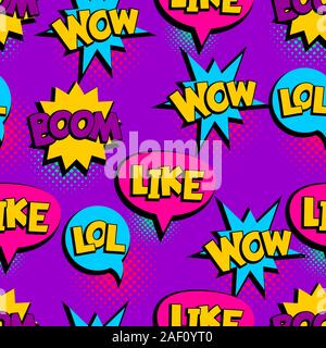 Pop Art seamless pattern comic text wow lol Stock Vector