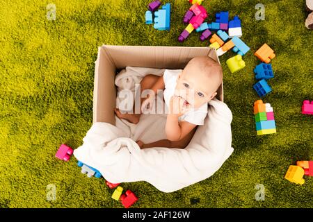 Top view of cute little child sitting in cardboard box with white blanket on green floor Stock Photo