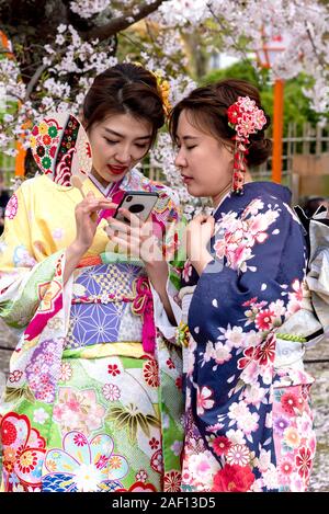 April, 11. 2019: Young Japanese women dressed in colourful kimonos using cellphone. Kyoto, Japan Stock Photo