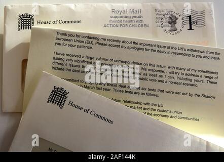 Letter on House of Commons Notepaper,from,SW1A 0AA,1st class from Faisal Rashid MP,December 2019 on Brexit Stock Photo