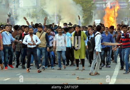 Guwahati, India. 11th Dec, 2019. Protestors demonstrate against the Citizenship Amendment Bill (CAB) in Guwahati, India, Dec. 11, 2019. The upper house of Indian parliament, or Rajya Sabha, passed the controversial Citizenship Amendment Bill (CAB) Wednesday evening, officials said. Credit: Str/Xinhua/Alamy Live News Stock Photo