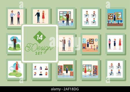 set of fourteen designs with teachers and students Stock Vector