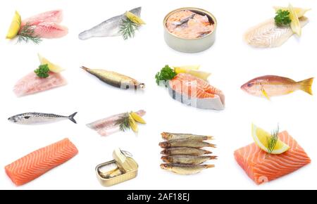 Collage Of Various Pieces Of Fish Isolated On White Stock Photo
