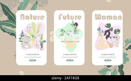 Feminine concept illustration, beautiful women in different situations and plants with android robot Helpful concept. Mobile UI UX GUI template, app Stock Vector