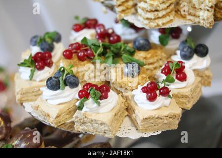 Mini cakes decorated with whipped cream and fresh red currant. Sweet tasty snacks at the party. Food photography. Lots of pastry pieces on the plate Stock Photo