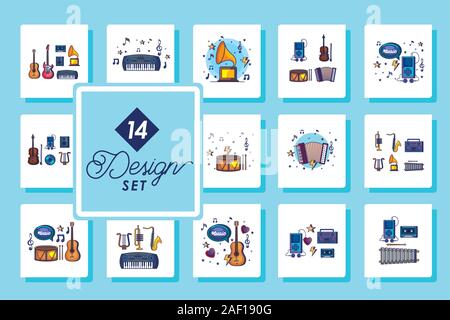 set fourteen designs of music instruments and icons Stock Vector