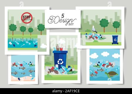 set of five designs labels of say no to plastic bag and icons Stock Vector