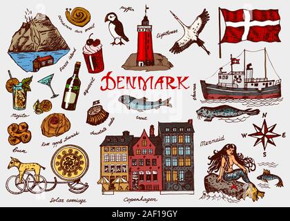 Symbols of Denmark in vintage style. Retro sketch with traditional signs. Scandinavian culture, national entertainment in European country. Homes Stock Vector