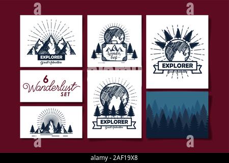 set of six designs scenes wanderlust and icons Stock Vector