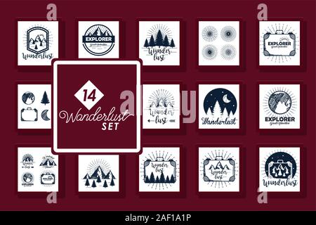 set of fourteen designs scenes wanderlust and icons Stock Vector