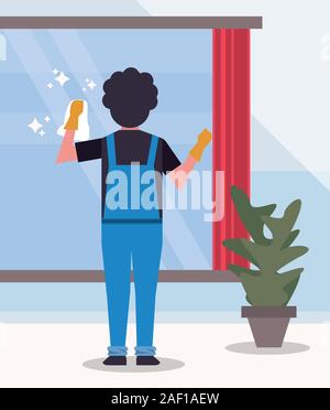 man worker housekepping cleaning glass Stock Vector