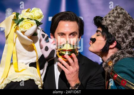 Cambridge, United States. 11th Dec, 2019. Actor Milo Ventimiglia (C) is kissed by Hasty Pudding Theatricals cast members at a press conference after he was honored as the Harvard University Hasty Pudding Theatricals 2019 Man of the Year at Harvard University in Cambridge, Massachusetts, on February 8, 2019. Photo by Matthew Healey/ Credit: UPI/Alamy Live News Stock Photo