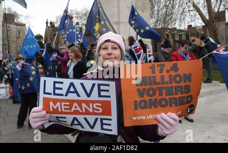 London, UK. 12th Dec, 2019. Brexit protestors campaign outside Houses of Parliament while Members of Parliament prepare for this evening's vital Brexit vote on January 15, 2019. Protests have increased lately as both sides of the Brexit debate have become more radicalized. Photo by Hugo Philpott/UPI Credit: UPI/Alamy Live News Stock Photo