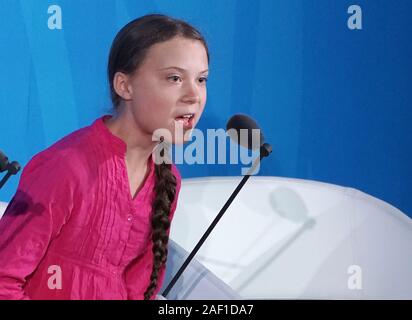 New York, United States. 12th Dec, 2019. Swedish environmental activist Greta Thunberg speaks at the Climate Action Summit at the 74th General Debate at the United Nations General Assembly at United Nations Headquarters in New York City on September 23, 2019. Photo by Jemal Countess/UPI Credit: UPI/Alamy Live News Stock Photo