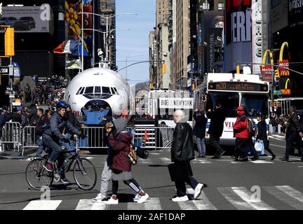 New York, United States. 12th Dec, 2019. The fuselage of a classic TWA airplane sits in Times Square on March 23, 2019, in New York City. The fuselage of the now-defunct Trans World Airlines 1958 'Connie' plane came from the new TWA Hotel at JFK Airport, which began accepting reservations on Valentine's Day and will open on May 15. The TWA Hotel at JFK International Airport will preserve the iconic Eero Saarinen terminal, restoring the landmark to its Jet Age splendor for generations to enjoy. Photo by John Angelillo/UPI Credit: UPI/Alamy Live News Stock Photo