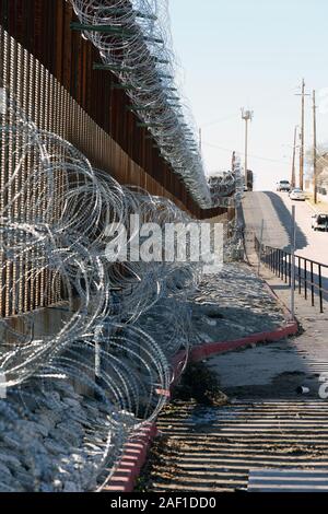 Nogales, United States. 12th Dec, 2019. Barbed wire has been placed on the top and side of the fence along the United States-Mexico border in Nogales, Arizona, on February 8, 2019. The Arizona city has ordered Federal Officials to remove the barbed wire. Photo by Art Foxall/UPI Credit: UPI/Alamy Live News