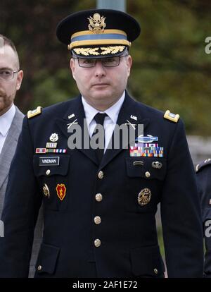 Washington, United States. 12th Dec, 2019. National Security Council Ukraine expert, Lt. Col. Alexander Vindman USA (center), arrives for a closed-door meeting with the House Intelligence, Foreign Affairs, and Oversight committees on Capitol Hill on Tuesday, October 29, 2019, in Washington, DC The committees are interviewing witnesses as part of the ongoing impeachment inquiry against President Donald Trump. Photo by Pete Marovich/UPI Credit: UPI/Alamy Live News Stock Photo