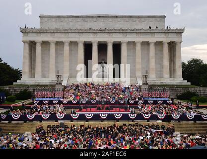 Washington, United States. 12th Dec, 2019. President Donald Trump speaks in front of the Lincoln Memorial during his 'Salute to America' Independence Day event honoring the military, on July 4, 2019, in Washington, DC Trump is speaking prior to the annual Independence Day firework display. Photo by Kevin Dietsch/UPI Credit: UPI/Alamy Live News Stock Photo