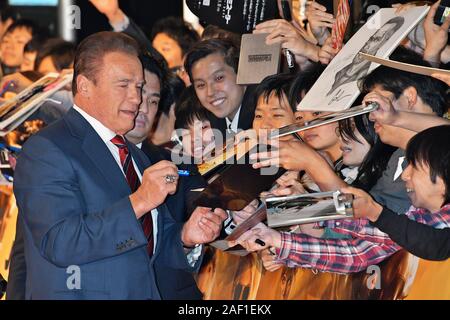 Tokyo, Japan. 12th Dec, 2019. Actor Arnold Schwarzenegger signs an autograph during the Japan premiere for the film 'Terminator: Dark Fate' in Tokyo, Japan, on Wednesday, November 6, 2019. Photo by MORI Keizo/UPI Credit: UPI/Alamy Live News Stock Photo