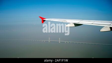 Hong Kong–Zhuhai–Macau Bridge from a plane flying into Hong Kong, China, South East Asia Stock Photo