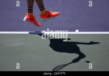 Indian Wells, United States. 12th Dec, 2019. Canadian Milos Raonic hits a serve during his men's semifinal match against Dominic Thiem of Austria at the BNP Paribas Open in Indian Wells, California on March 16, 2019. Thiem defeated Raonic 7-6 (3), 6-7 (3), 6-4 to advance to the tournament final. Photo by David Silpa/UPI Credit: UPI/Alamy Live News Stock Photo