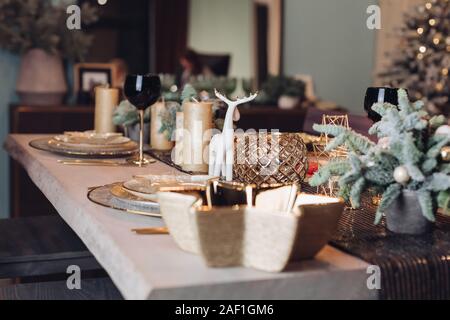 Beautiful table is setting for Christmas dinner Stock Photo