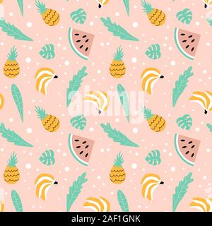 Trendy floral seamless pattern with fruits and leaves on pink background. Flat vector illustartion. Stock Vector