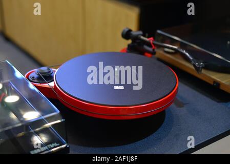 Saigon, Vietnam - Sep 29, 2019. Turntable vinyl record player for sale at the audio shop in downtown of Saigon, Vietnam. Stock Photo