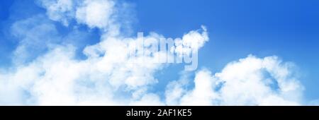 Colorful panoramic landscape: blue sky and fluffy clouds.  (Plane backplate, 3D rendering computer digitally generated illustration.) Stock Photo