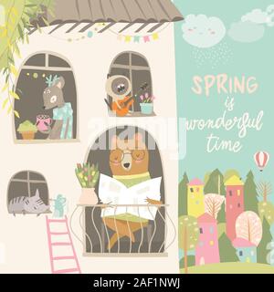Cute animals look out of the windows. Hello spring Stock Vector