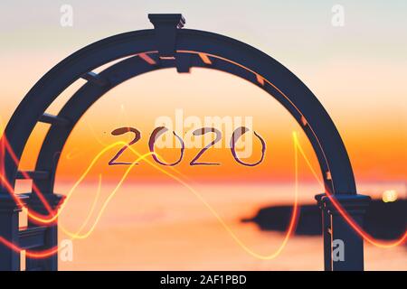2020 New Year concept. Numbers and golden sunset background. Stock Photo