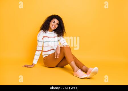 Full length body size photo of attractive glad positive with toothy beaming smile lady relaxing enjoying free tine isolated bright color pop Stock Photo