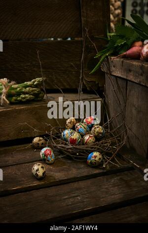 Easter eggs in twig nest Stock Photo