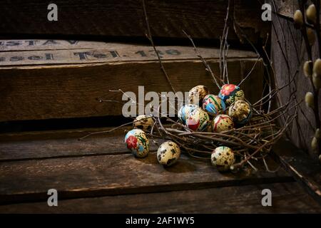 Easter eggs in twig nest Stock Photo